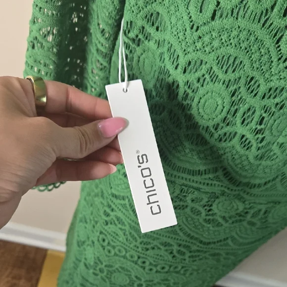Chico’s Kelly Green Crochet-Style Lace Dress NWT Long Sleeve Midi Embroidered - Picture 6 of 10